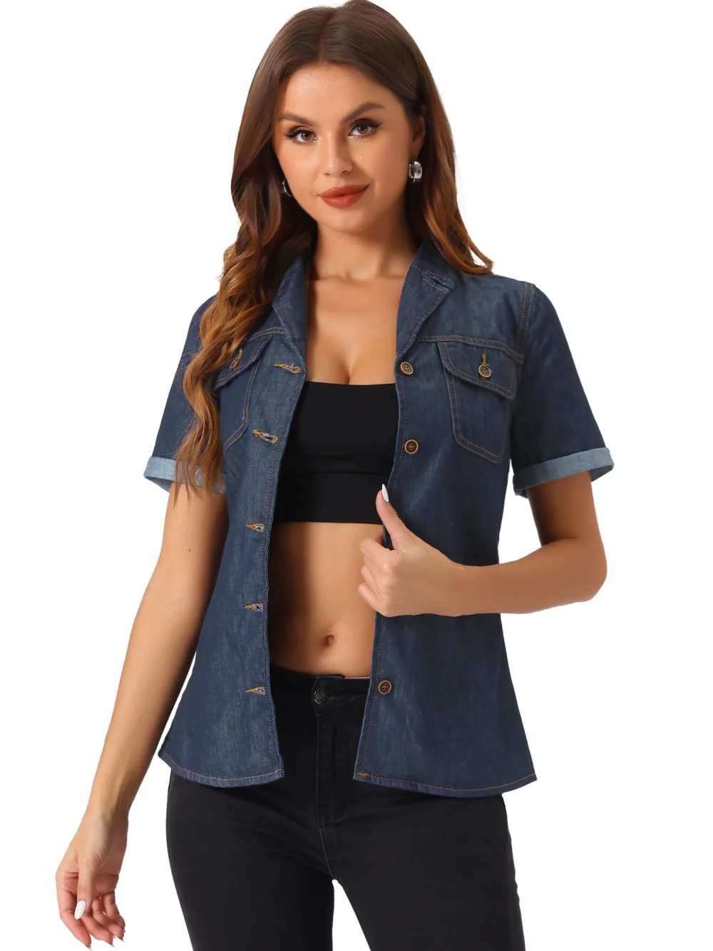 Allegra K- Button Down Notched Collar Jean Shirt