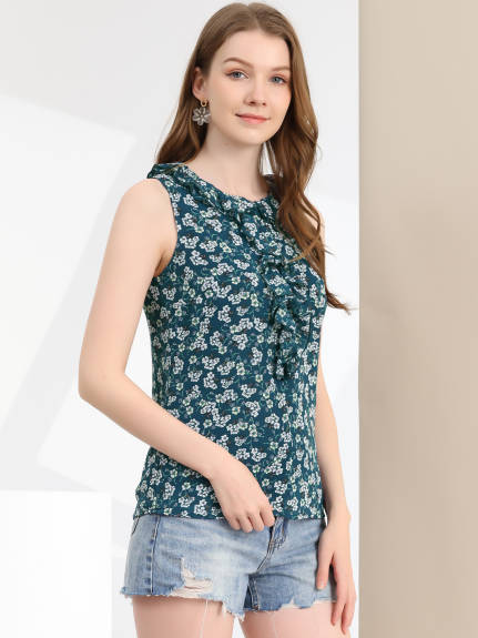 Allegra K- Ruffle Sleeveless Chiffon Floral Top