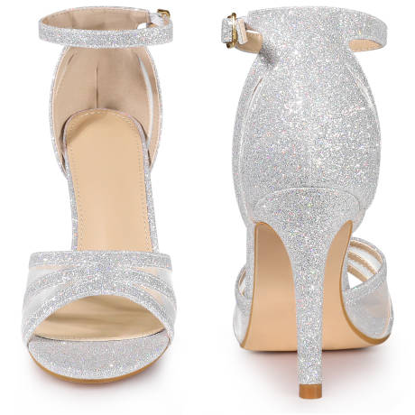 Allegra K- Stiletto Heel Ankle Strap Glitter Sandals