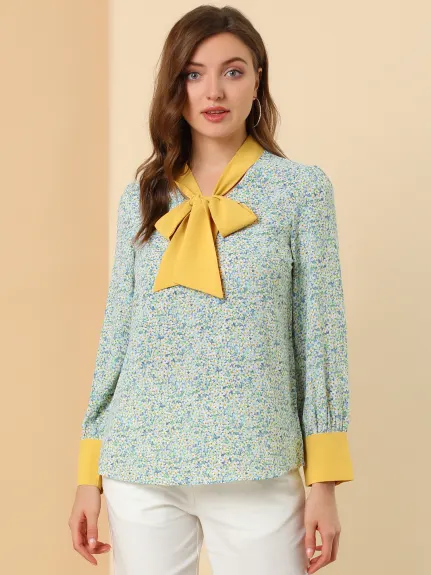 Allegra K- Bow Tie Long Sleeve Contrast Color Floral Blouse