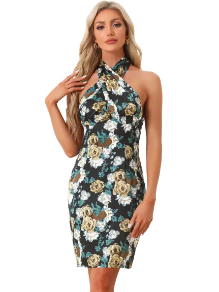 Allegra K- Floral Backless Halter Neck Satin Dress