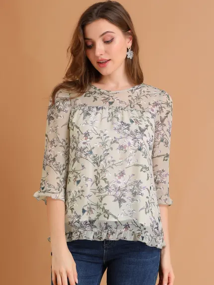 Allegra K- Floral Ruffled 3/4 Sleeve Chiffon Blouse