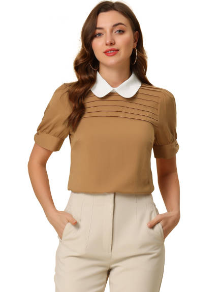 Allegra K- Pan Collar Puff Short Sleeve Pleated Blosue