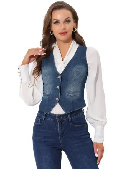 Allegra K - Veste gilet en denim lavé boutonnée à col en V