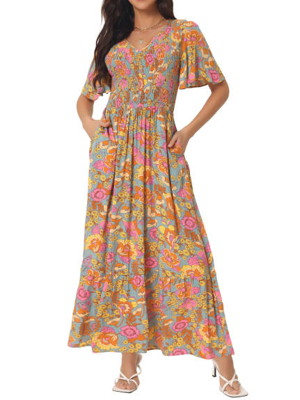 Allegra K - Summer Floral Smocked Flowy Maxi Dress