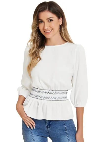 Allegra K- Blouse en Peplum manches 3/4 taille Smocked