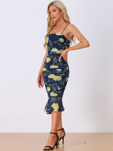 Allegra K - Sleeveless Floral Mesh Ruched Bodycon Dress