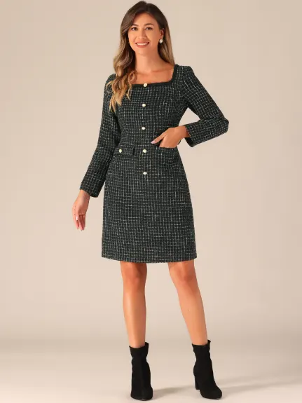 Allegra K - Tweed Plaid Square Neck Long Sleeve Dress