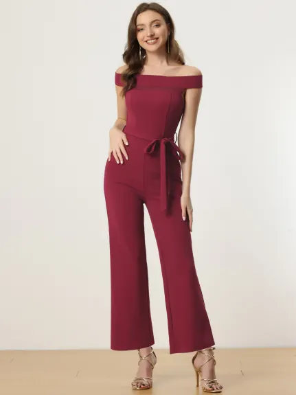 Allegra K - Elegant Off-Shoulder Belted Long Jumpsuit