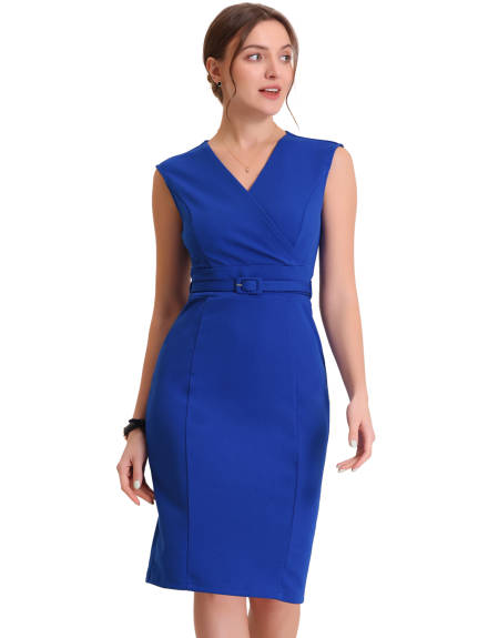 Allegra K- Sheath Sleeveless V Neck Belt Pencil Dress