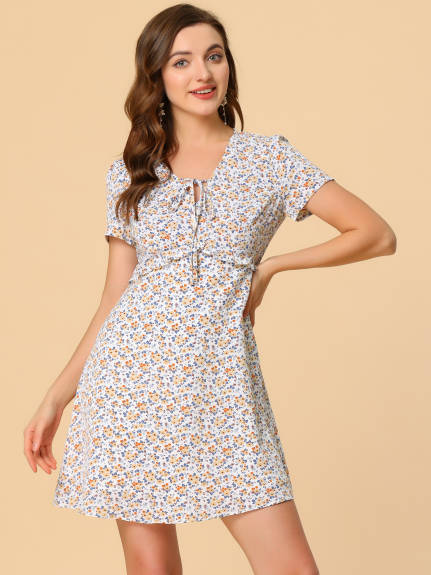 Allegra K- Tie V Neck Short Sleeve Ruffle Floral Dress