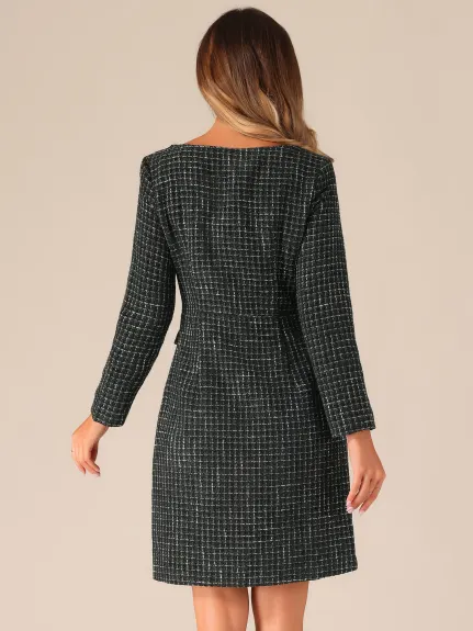 Allegra K - Tweed Plaid Square Neck Long Sleeve Dress