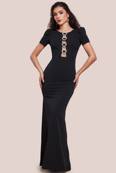 Goddiva - Diamante Embellished Heart Brooch Scuba Maxi Dress