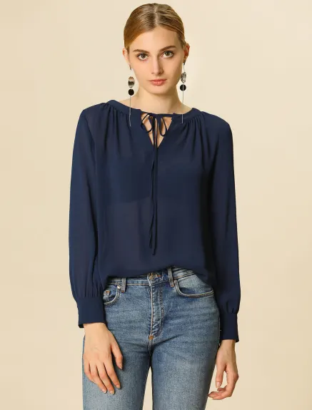 Allegra K- Semi Sheer Long Sleeve Tie Neck Chiffon Top