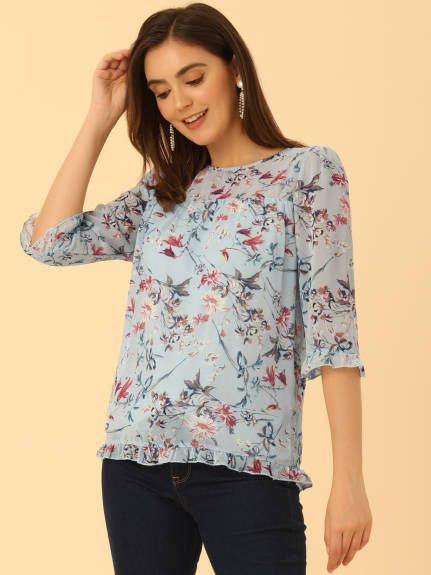 Allegra K- Floral Ruffled 3/4 Sleeve Chiffon Blouses