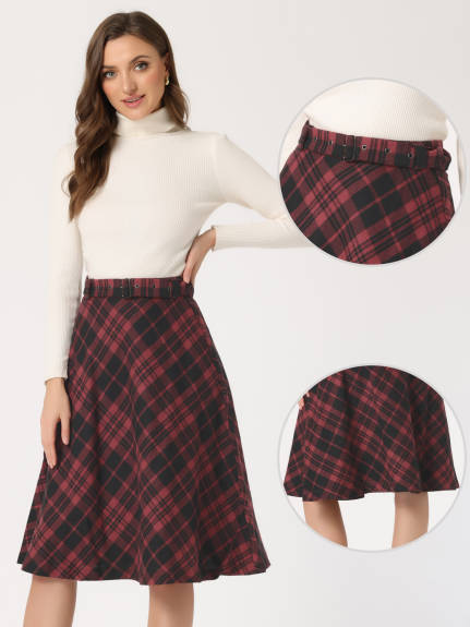 Allegra K- Plaid Tartan Belted A-Line Midi Skirt