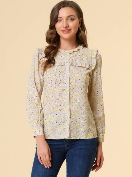 Allegra K- Ruffled Floral Daisy Blouse Shirt