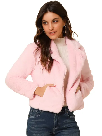 Allegra K- Notch Lapel Faux Fur Fluffy Cropped Coat