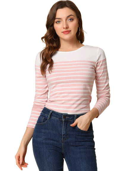 Allegra K- Color Block Long Sleeve Stripe T-Shirt