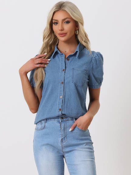 Allegra K- Denim Collared Puff Sleeve Shirt