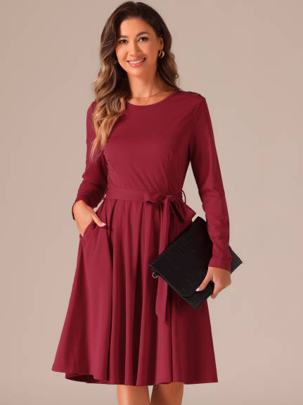 Allegra K - Long Sleeve Tie Waist Pleated Business Dress