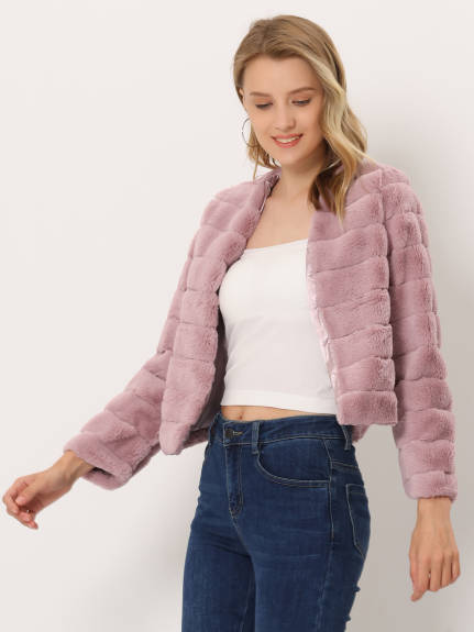 Allegra K- Cropped Collarless Faux Fur Fluffy Coat Jacket