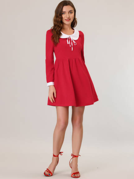 Allegra K- Contrast Collar Tie Front Long Sleeves Dress