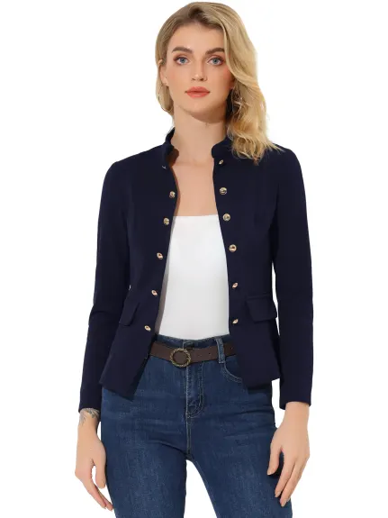 Allegra K- Stand Collar Open Front Button Decor Blazer Jacket