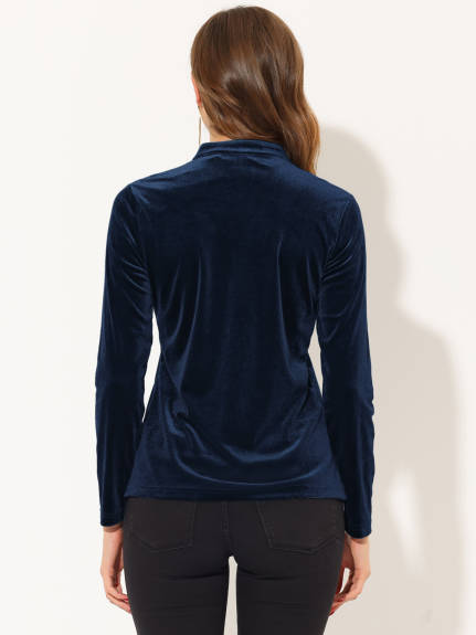 Allegra K- Long Sleeve V Neck Velvet Shirt