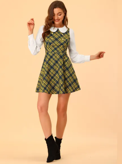 Allegra K- Plaid Peter Pan Collar Mini robe trapèze à manches longues