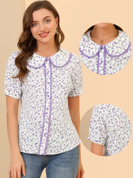 Allegra K - Floral Peter Pan Collar Summer Shirt