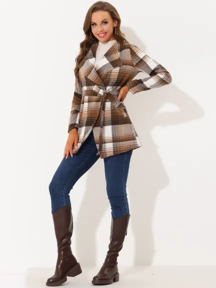 Allegra K- Shawl Collar Belted Asymmetrical Hem Plaid Coat