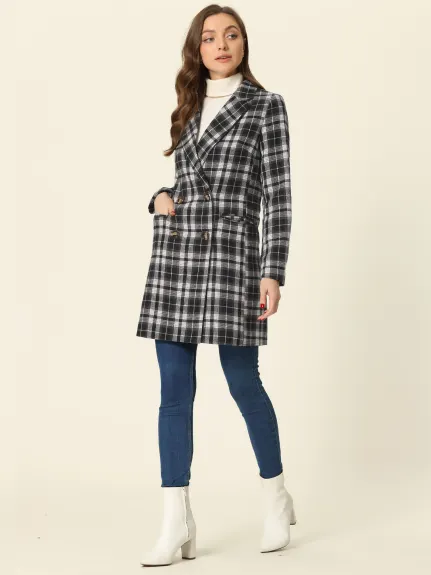 Allegra K- Notched Lapel Double Breasted Plaid Blazer