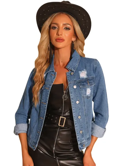 Allegra K- Turndown Collar Ripped Short Denim Jacket