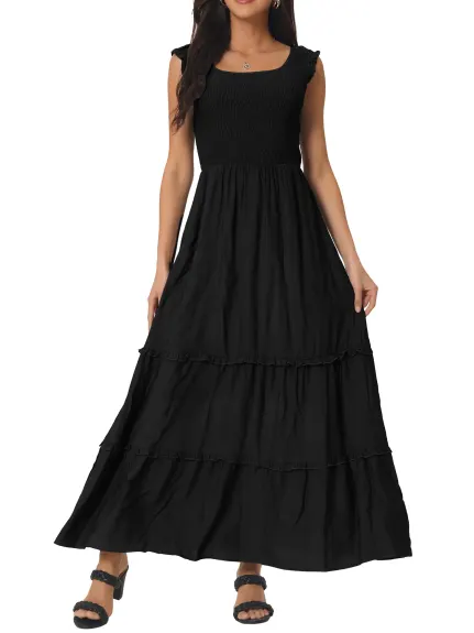 Allegra K - Sleeveless Scoop Neck Tiered Maxi Dress