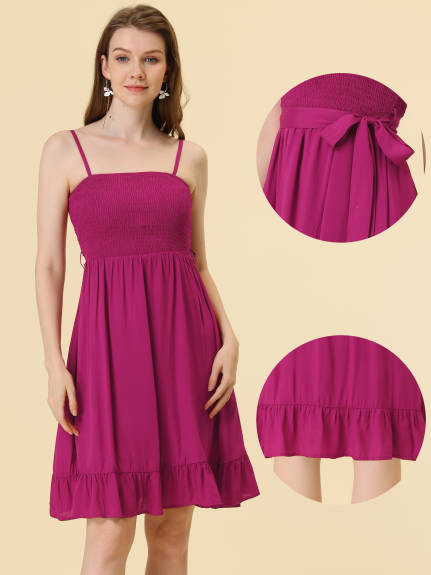 Allegra K- Smocked Spaghetti Strap Tie Waist Ruffle Cami Dress