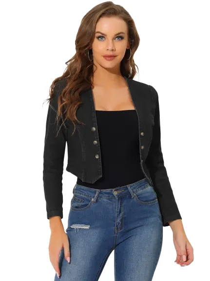 Allegra K- Denim Cropped Open Front Collarless Jacket