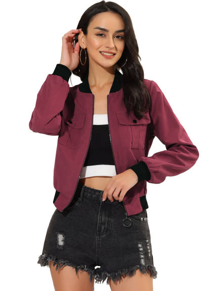 Allegra K- Stand Collar Zip up Flap Pocket Bomber Jacket