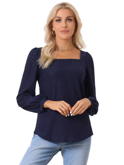 Allegra K- Collar Puff Eyelet Tunic Tops