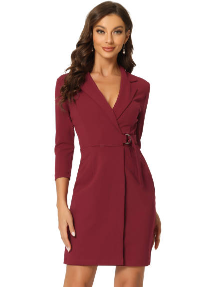 Allegra K- Sheath 3/4 Sleeve Knit Lapel Collar Belted Dress