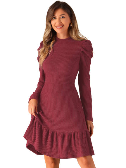 Allegra K - Crew Collar Stretchy Puff Long Sleeve Knit Dress