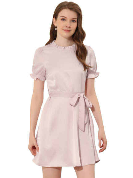 Allegra K- Satin Short Sleeve Tie Waist Dress