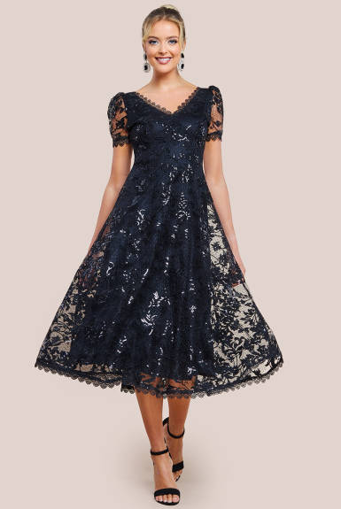 Goddiva - Sequin Lace Short Sleeve A Line Midi Dress