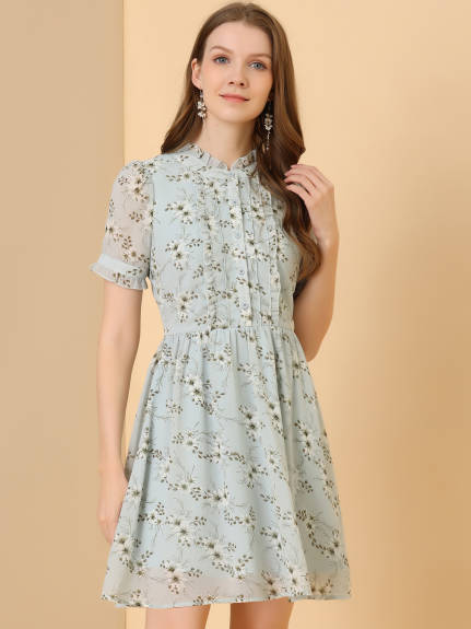 Allegra K- Floral Half Placket Chiffon Dress