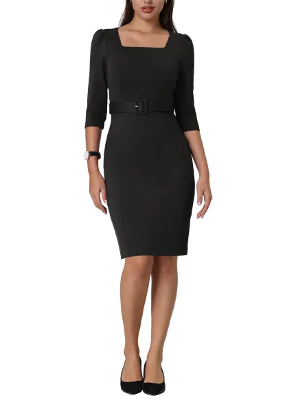 Hobemty- Square Neck Puff Sleeve Belted Pencil Dress