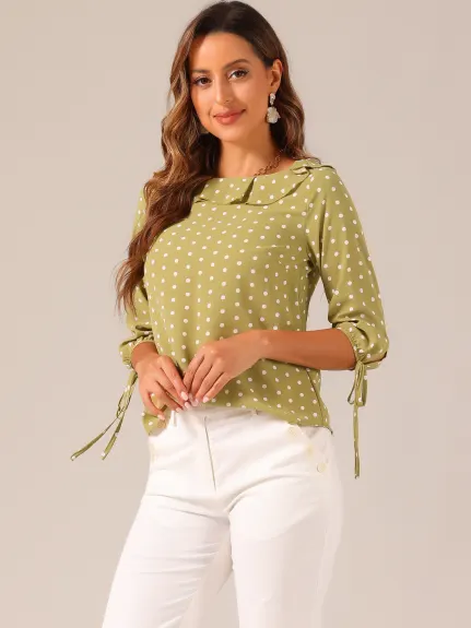 Allegra K- Ruffled Neck Half Sleeve Sheer Polka Dots Blouse