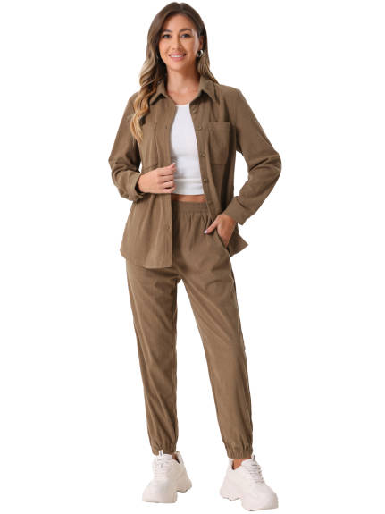 Allegra K - Corduroy Long Sleeve Shirt and Pants 2 Piece Outfits