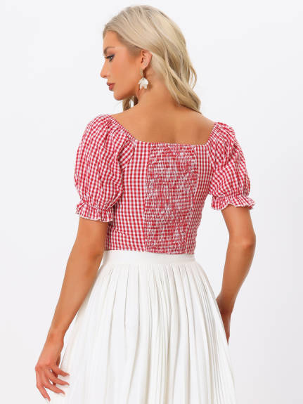 Allegra K- Smocked Crop Bubble Sleeve Tops