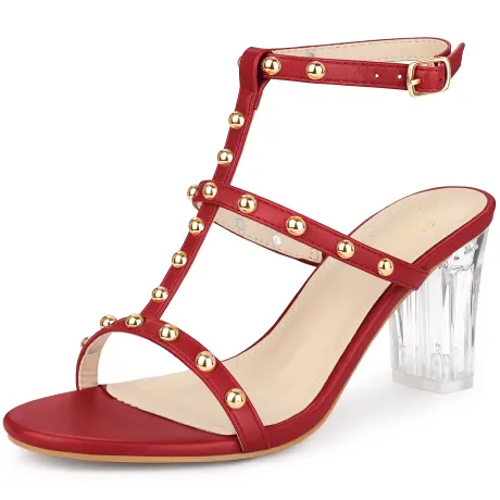 Allegra K- Rivets T-Strap Slingback Clear Heels Sandals