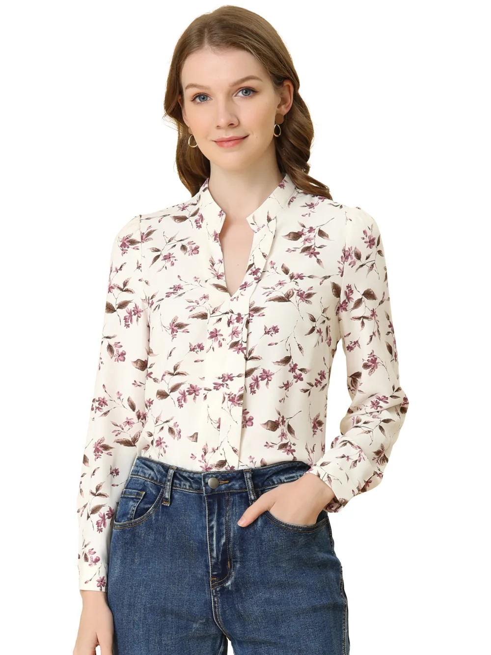 Allegra K- Floral Print Split V Neck Long Sleeve Blouse Shirt
